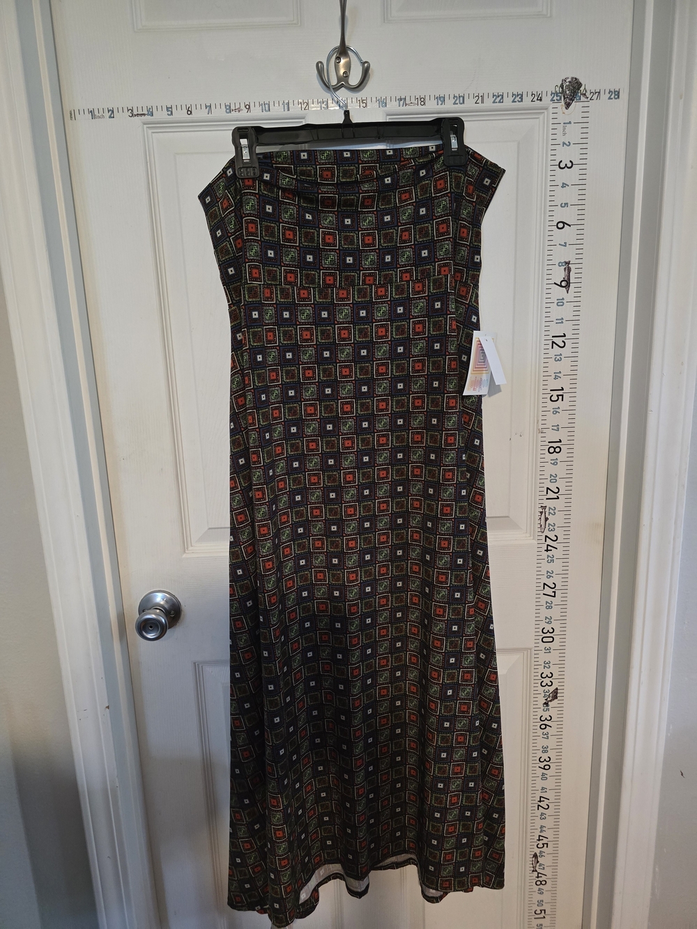 LuLaRoe Maxi Skirt XL Geometric Square Print Black Multicolor Stretch Long Skirt